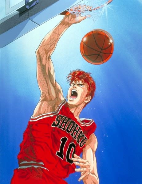 Ilustración de Hanamichi Sakuragi de Slam Dunk realizando un mate