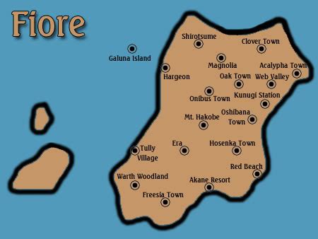 Mapa del Reino de Fiore mostrando la ubicación de Magnolia, sede de Fairy Tail