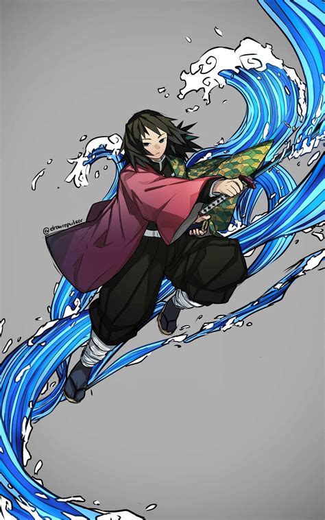 Giyu Tomioka en pose de combate con su espada