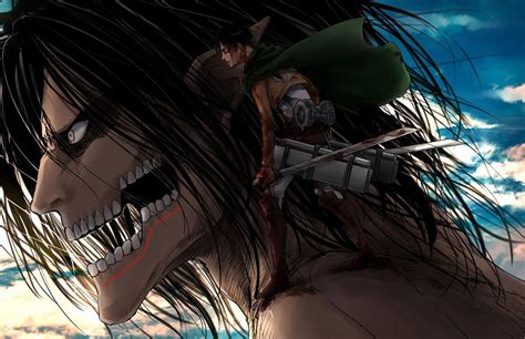 Eren Jaeger como el Titán de Ataque luchando contra otros titanes