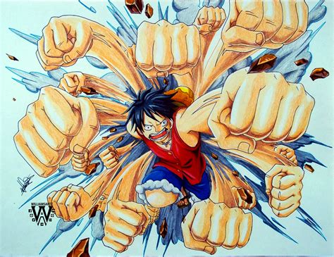 Luffy usando sus poderes de goma para estirar su brazo