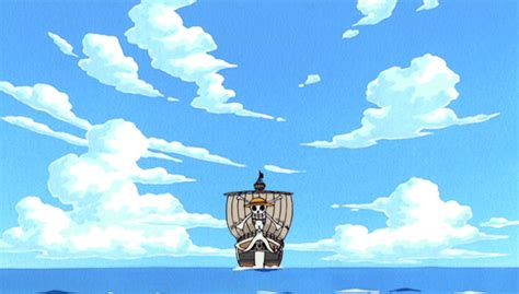 Un barco pirata volando entre nubes en One Piece