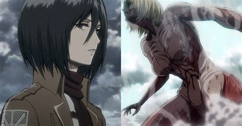 Escena de batalla entre Levi, Mikasa y la Titán Hembra