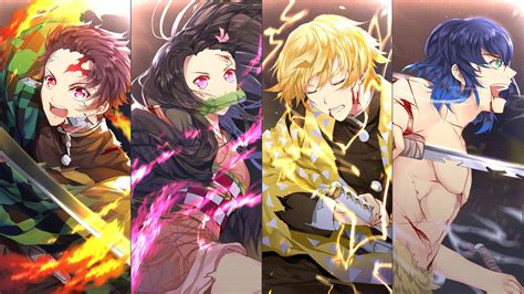 Imagen de Tanjiro, Nezuko, Zenitsu, Inosuke y Kyojuro Rengoku en el Tren Mugen