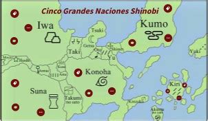 Mapa de las Cinco Grandes Naciones Shinobi, destacando la ubicación de Konohagakure.