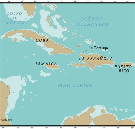 Mapa del Caribe mostrando la ubicación de la Isla Tortuga