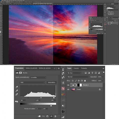 Captura de pantalla del proceso de Bleach Bypass en Photoshop con capas de ajuste