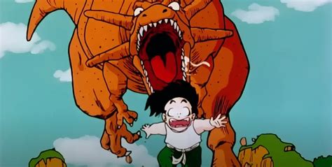 Gohan intentando ayudar a un dinosaurio herido