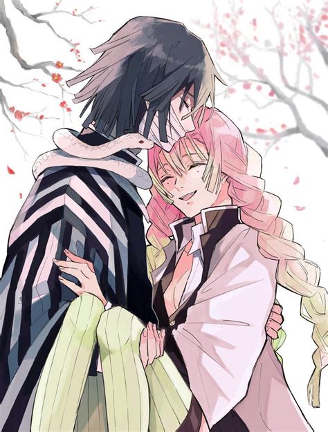 Mitsuri Kanroji y Obanai Iguro abrazados