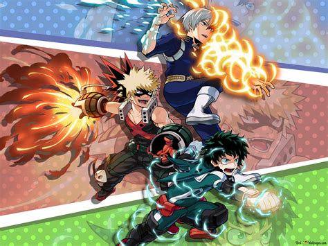 Shoto Todoroki entrenando con Endeavor, Izuku Midoriya y Katsuki Bakugo