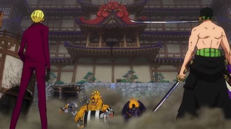 Sanji y Zoro atacando juntos a King y Queen