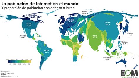 Mapa mundial mostrando la penetración de Internet.