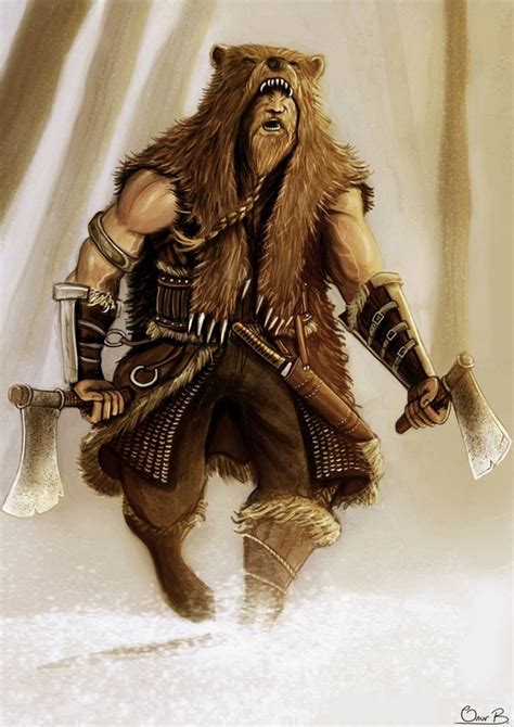 Representación artística de guerreros berserkers con pieles de oso y lobo