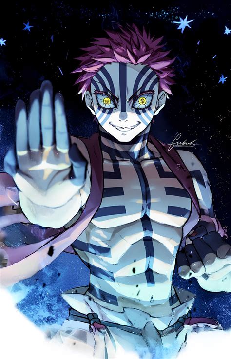 Ilustración de Akaza con sus características líneas azules y cabello rosa