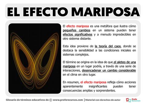 Diagrama que ilustra el concepto del efecto mariposa con una mariposa y flechas que representan la causalidad