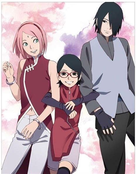 Ilustración que muestra la conexión familiar entre Sarada, Sasuke y Sakura