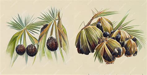 Ilustración de la planta de palma enana americana (Serenoa repens) con sus bayas.