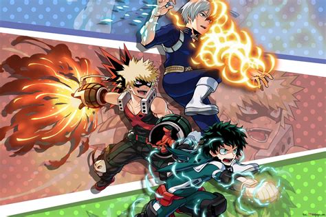 Shoto Todoroki, Izuku Midoriya y Katsuki Bakugo entrenando juntos