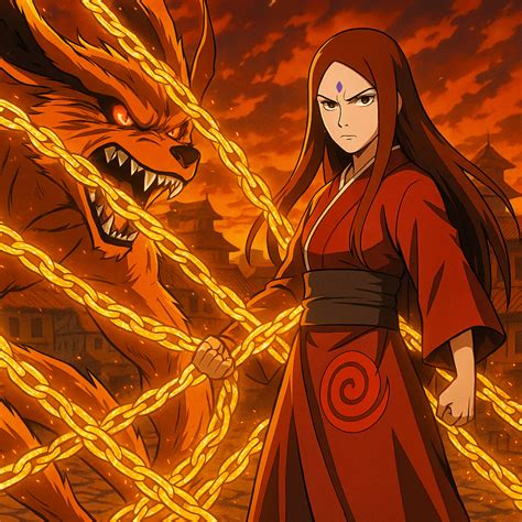 Kushina Uzumaki en trabajo de parto, con el Kyūbi manifestándose