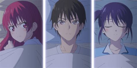 Ilustración de Naoya Mukai con sus novias Saki Saki y Nagisa Minase