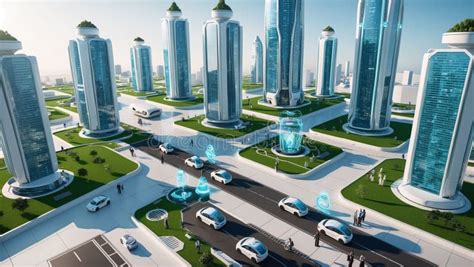 Ciudad moderna de Konoha con rascacielos y vehículos eléctricos