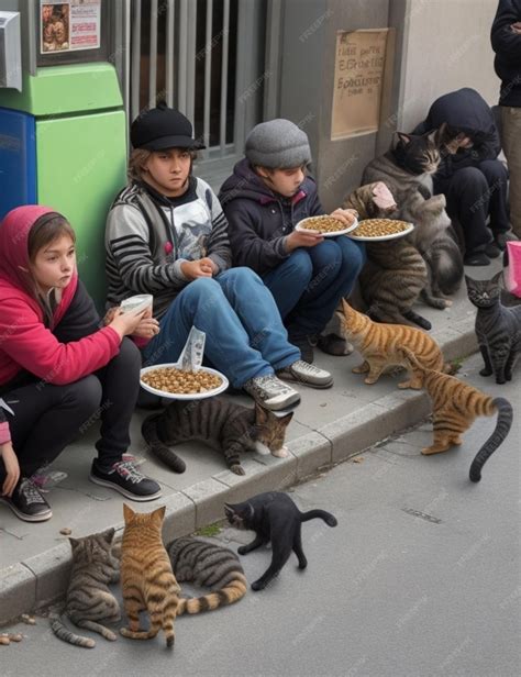 Jóvenes alimentando gatos callejeros en un parque