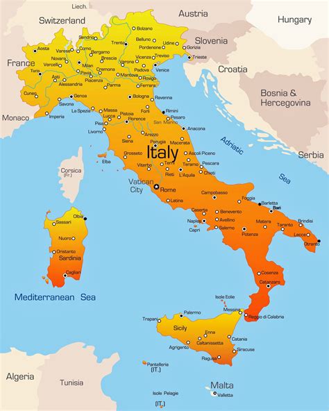 Mapa de Italia destacando ciudades importantes