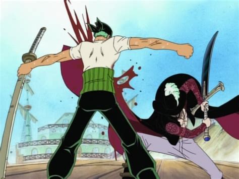 Zoro enfrentándose a Mihawk en el Baratie