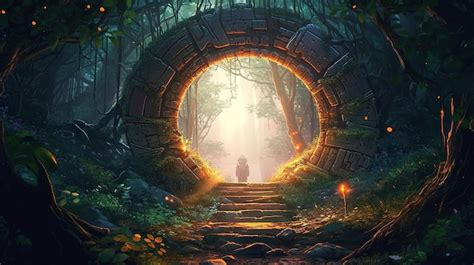Ilustración de un portal mágico transportando a un personaje a un mundo de fantasía