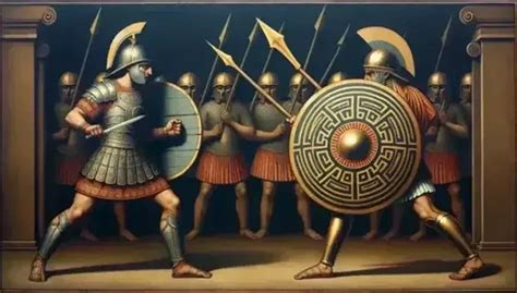 Ilustración de dos guerreros enfrentados en una corte antigua.