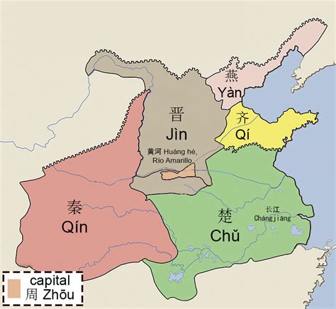 Mapa de la Gran Dinastía Zhou, destacando la región de Zhongbo y la capital.