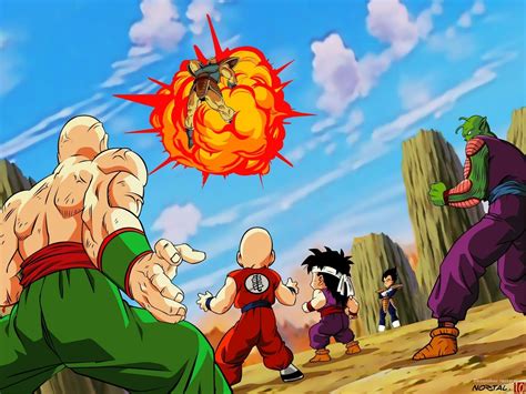 Tenshinhan defendiendo a Gohan y Dendé