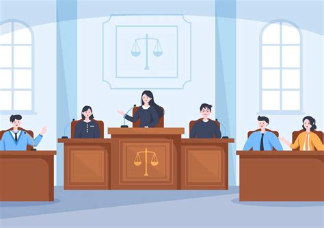 Representación de un tribunal con jueces y abogados.