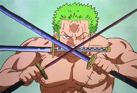 Ilustración de Zoro utilizando sus tres espadas en combate