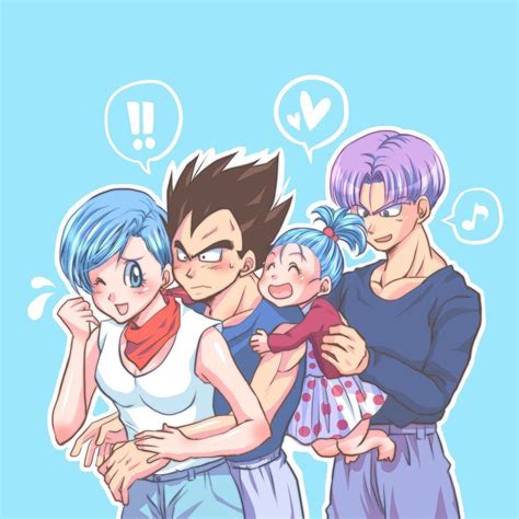 Bulma con su familia: Trunks, Bra y Vegeta