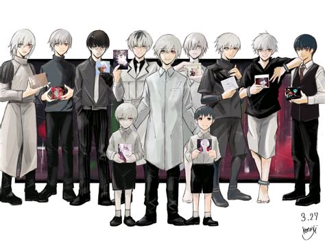 Un collage de las diferentes apariencias y personalidades de Kaneki Ken a lo largo de la serie.
