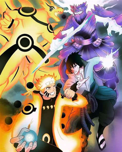 Ilustración de Naruto y Sasuke preparándose para la batalla