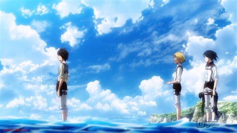 Eren, Mikasa y Armin mirando el mar