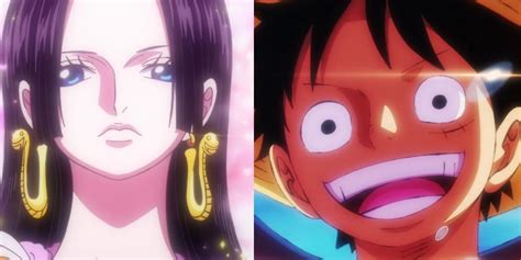 Boa Hancock sonriendo tímidamente a Monkey D. Luffy