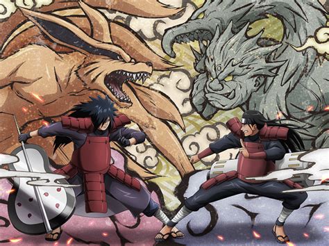 Ilustración de la batalla entre Hashirama y Madara con Kurama