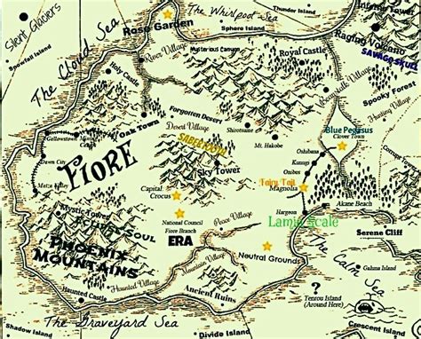 Mapa de Fiore con ubicaciones clave de Fairy Tail