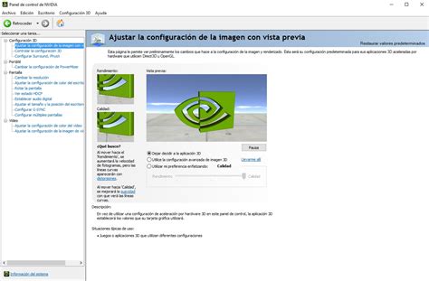 Panel de control de NVIDIA con ajustes de configuración 3D