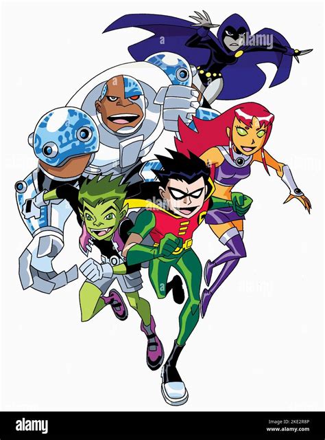 Ilustración de los New Teen Titans originales: Robin, Wonder Girl, Cyborg, Starfire, Raven y Beast Boy.