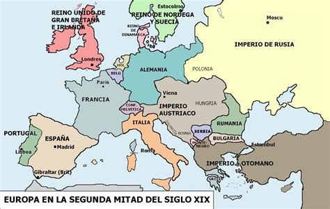 Mapa de Europa a finales del siglo XIX mostrando las alianzas