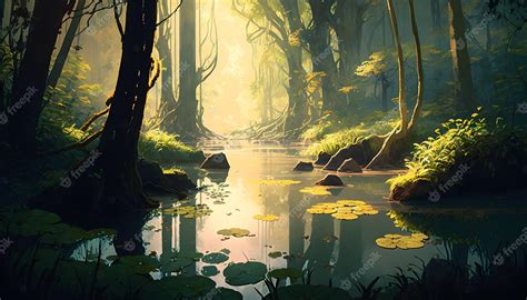 Ilustración de un bosque denso con árboles imponentes