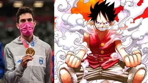 Miltiadis Tentoglou celebrando su medalla de oro con la pose Gear Second de Luffy