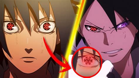 Primer plano del Sharingan activado, mostrando sus característicos tomoes