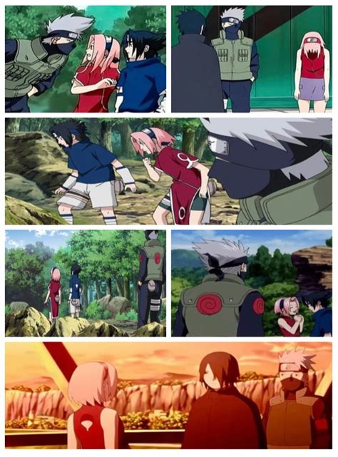 Sakura y Sasuke siendo evaluados por Kakashi