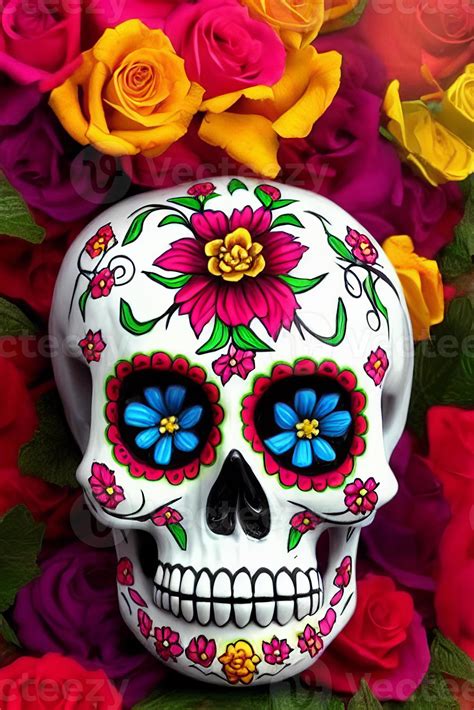 Ilustración de calavera con flores y elementos del Día de Muertos
