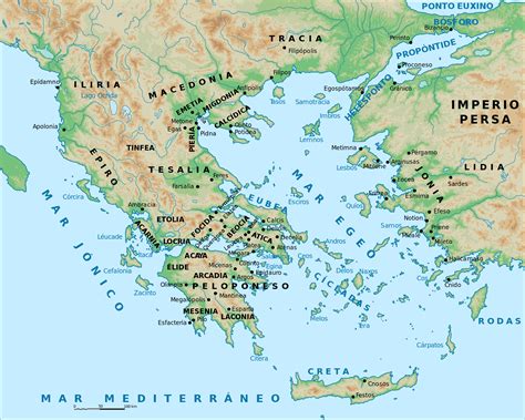 Mapa de la Antigua Grecia destacando ubicaciones mitológicas.